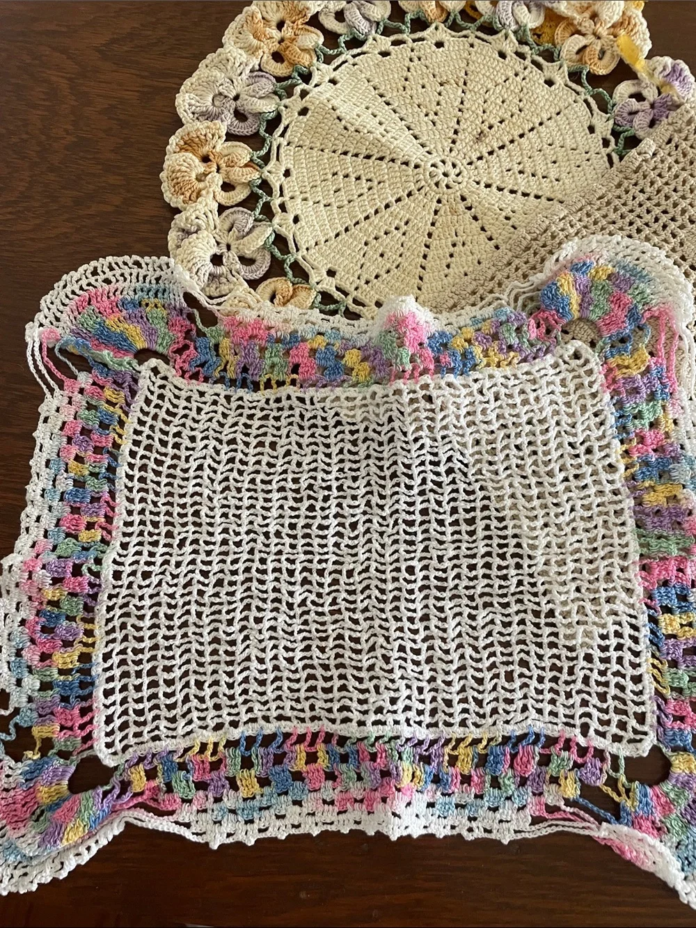 Handmade Crochet Doily & Table Accent Set in Cream, Yellow, Pastel Multicolor